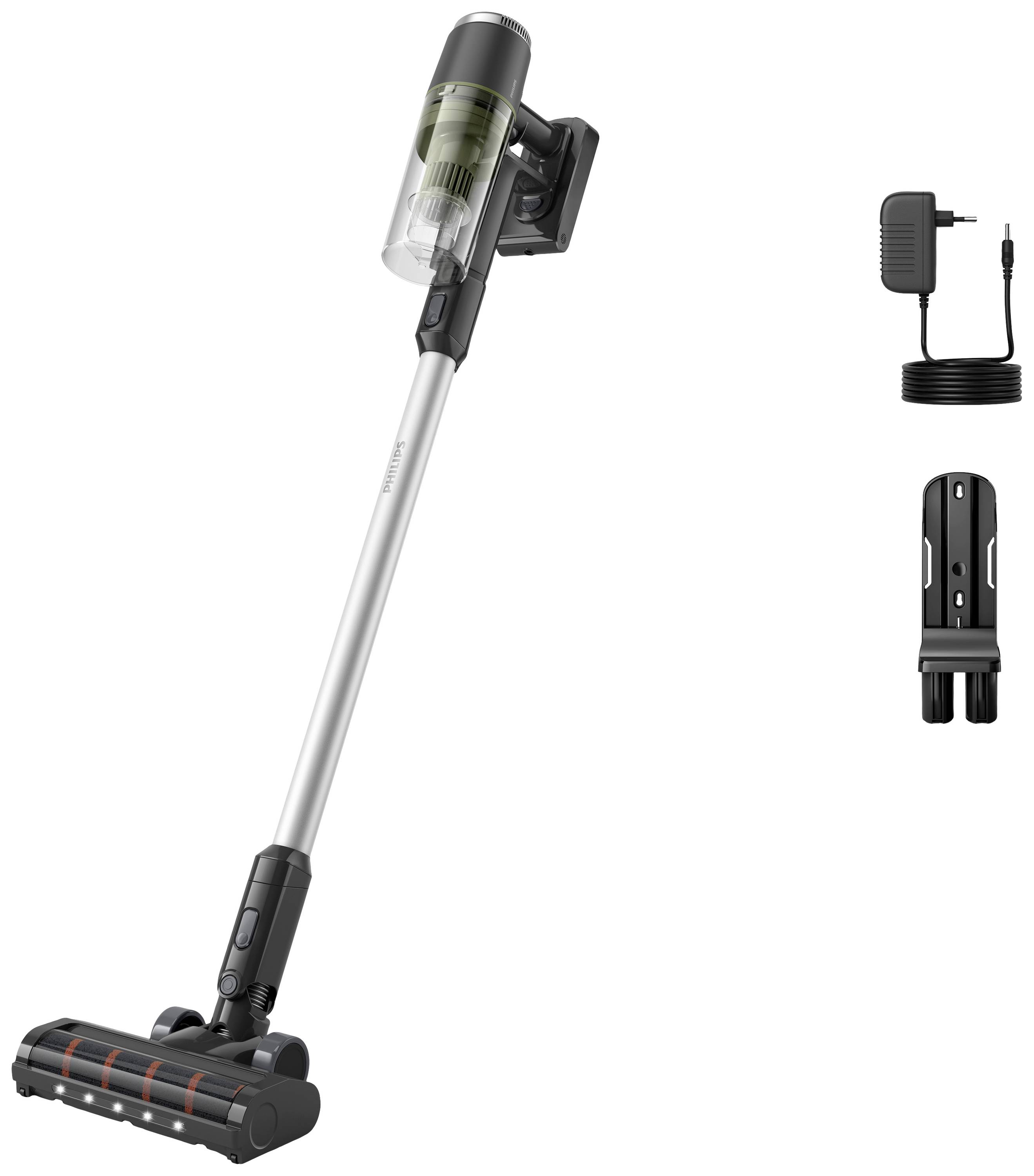 Cordless vacuum cleaner with long wand, transparent dust container and floor head. A charger and wall mount are shown alongside.