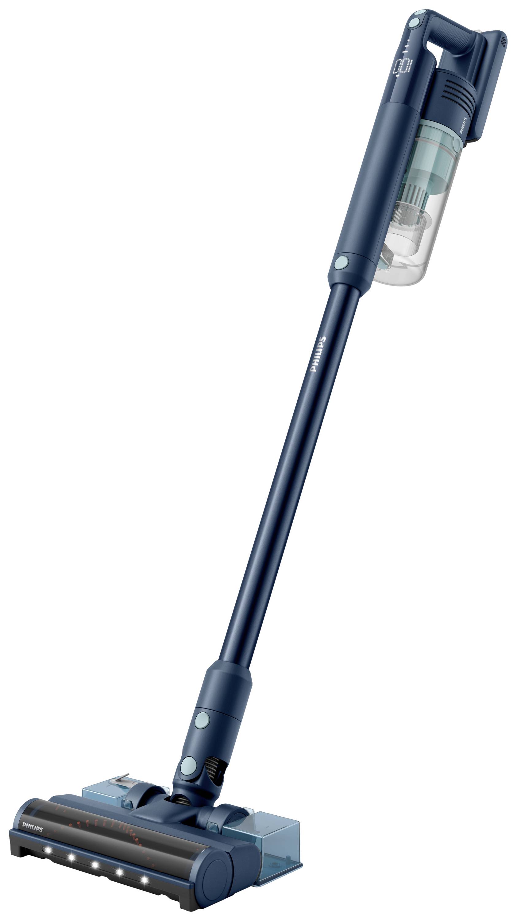 Cordless vacuum cleaner with long handle in blue, upright standing. Visible dirt container and rotating brush head.