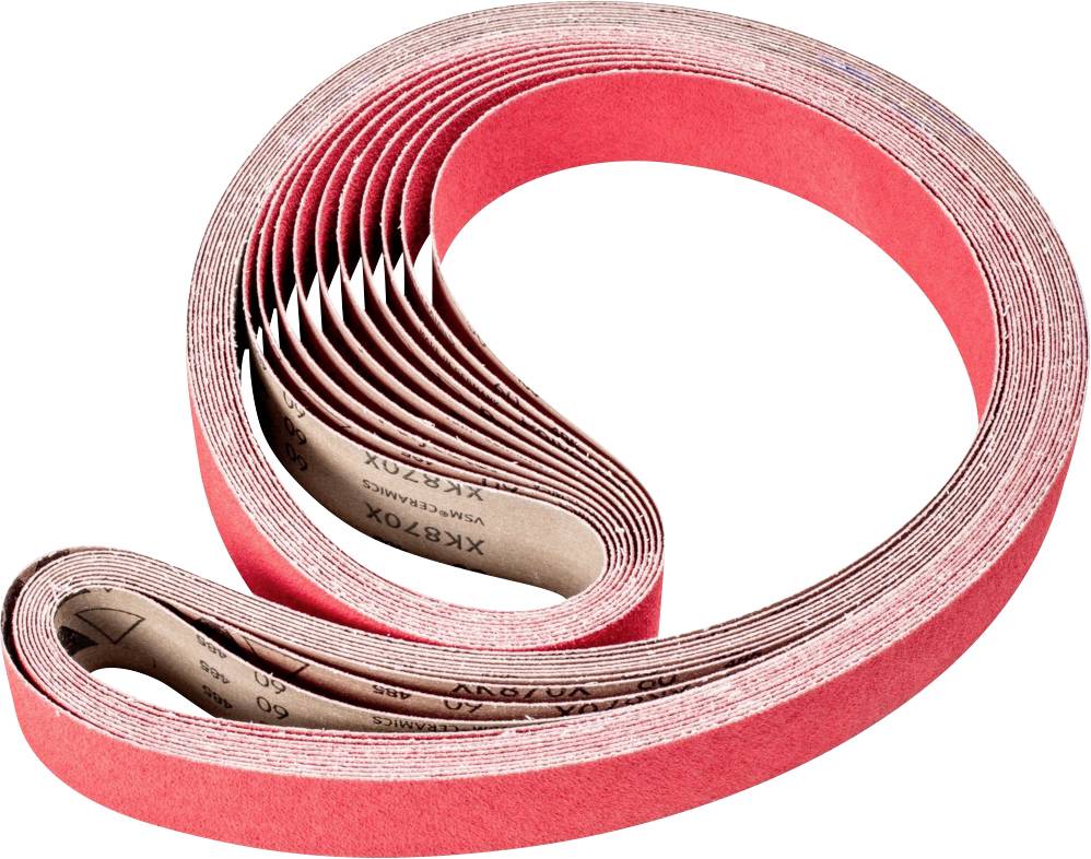 A red sanding belt rolled up, showing the coarse grit on the inner side, suitable for sanding wood or metal.