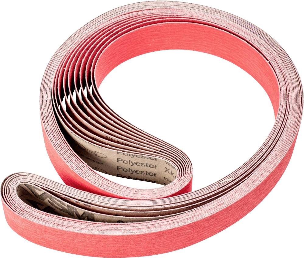 A rolled-up red polypropylene sanding belt with clearly visible layers, suitable for fine sanding work.