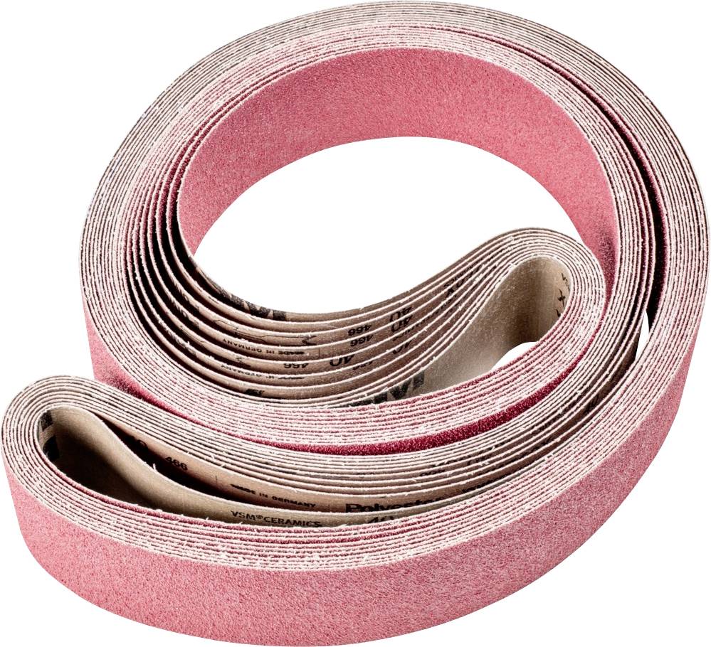 A rolled-up sanding belt made of red sandpaper, ready for use in grinding machines for woodworking or metalworking.
