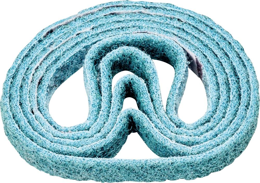 A turquoise, flatly rolled rope in an oval shape lies on a white surface.