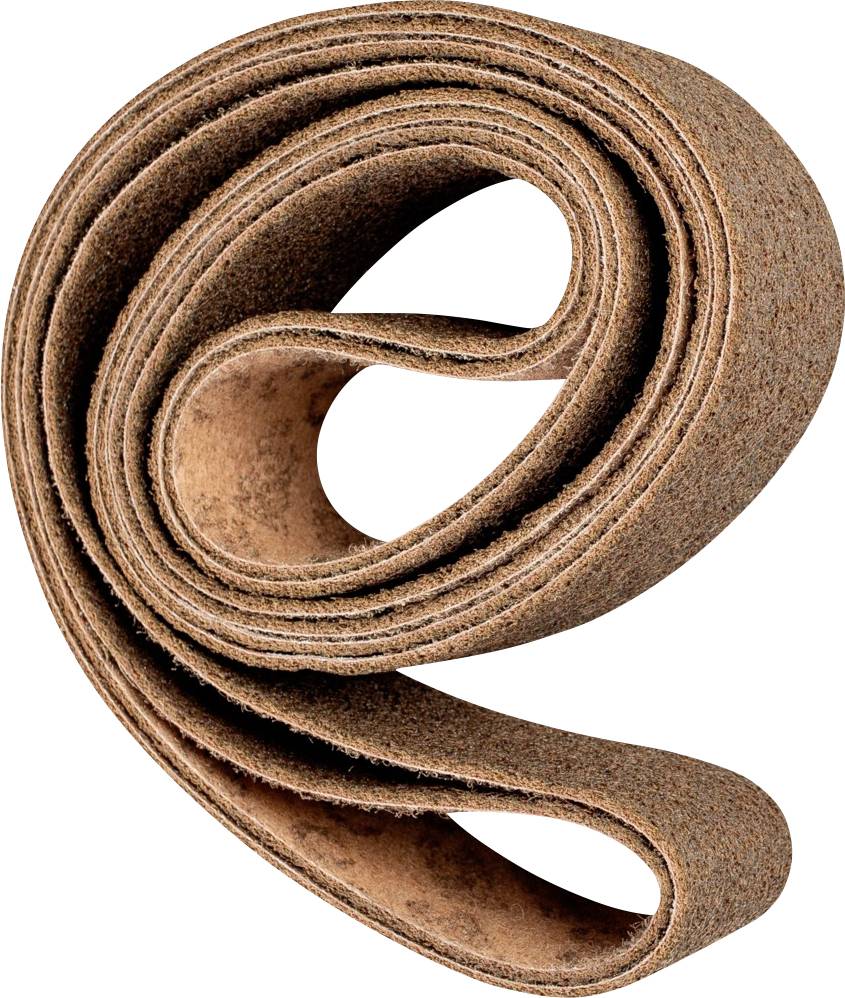Brown leather strop, coiled in a spiral, on a white background. Used for sharpening blades and tools.