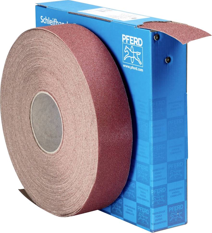 Large roll of sandpaper in a red tone, partially unrolled inside a blue cardboard box labelled 'PFERD'.