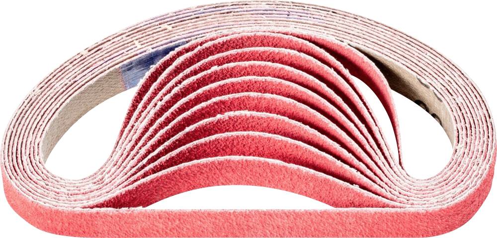 Several red abrasive bands are stacked on top of each other and curved to form an even and tidy shape.