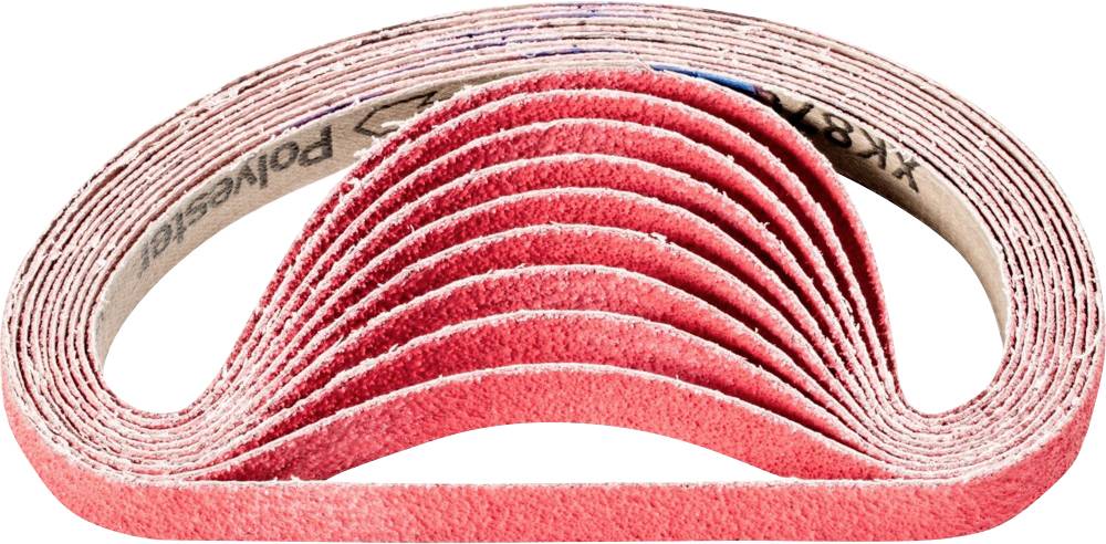 Red abrasive band stacked in multiple loops, showing an internal view of the abrasive surface.