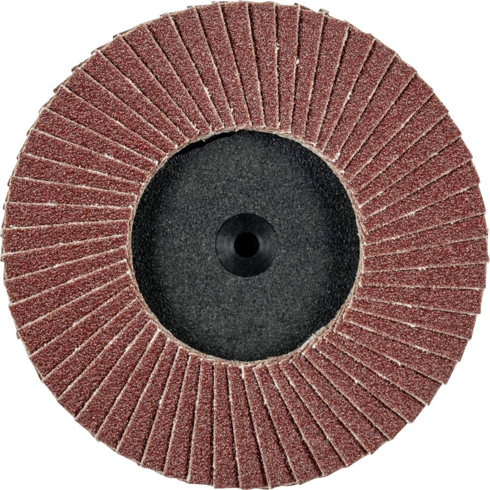 A round grinding disc with radially arranged grinding flaps used for metalworking.