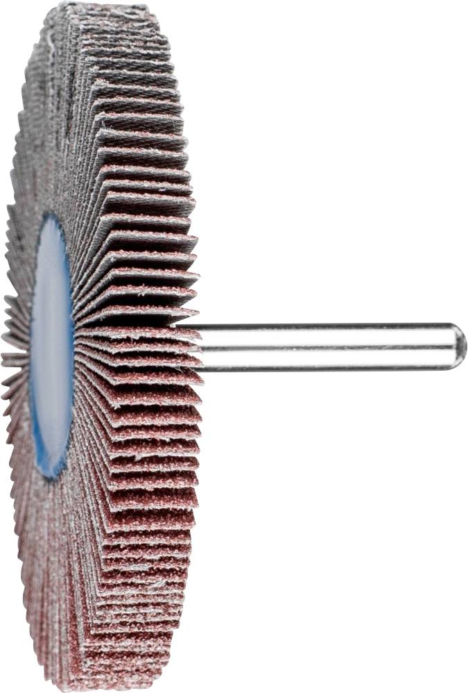 Grinding wheel in profile view, consisting of stacked grinding lamellas mounted on a metal pin, for surface processing.Grinding wheel in profile view, comprising layered grinding lamellas attached to a metal pin, used for surface treatment.