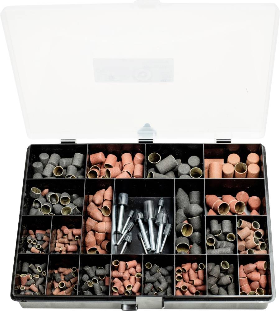 An open toolbox with various grinding accessories in multiple compartments, including sanding sleeves and grinding drums.