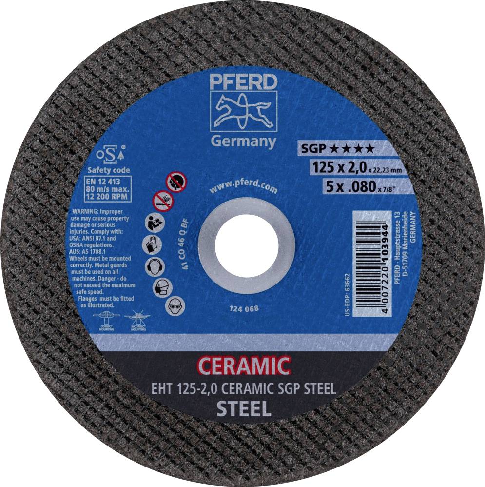 Grinding disc, brand 'Pferd', suitable for steel. Diameter 125 mm, thickness 2 mm, maximum speed 12,200 rpm, made in Germany.