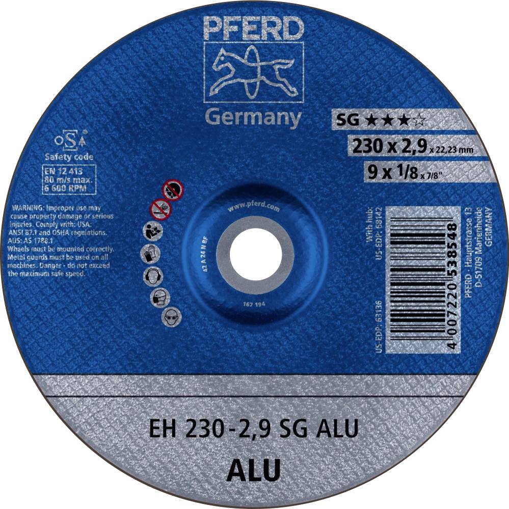 A grinding tool with the label 'Pferd Germany'. Details: 230 x 2.9 mm, suitable for aluminium. Safety information printed.