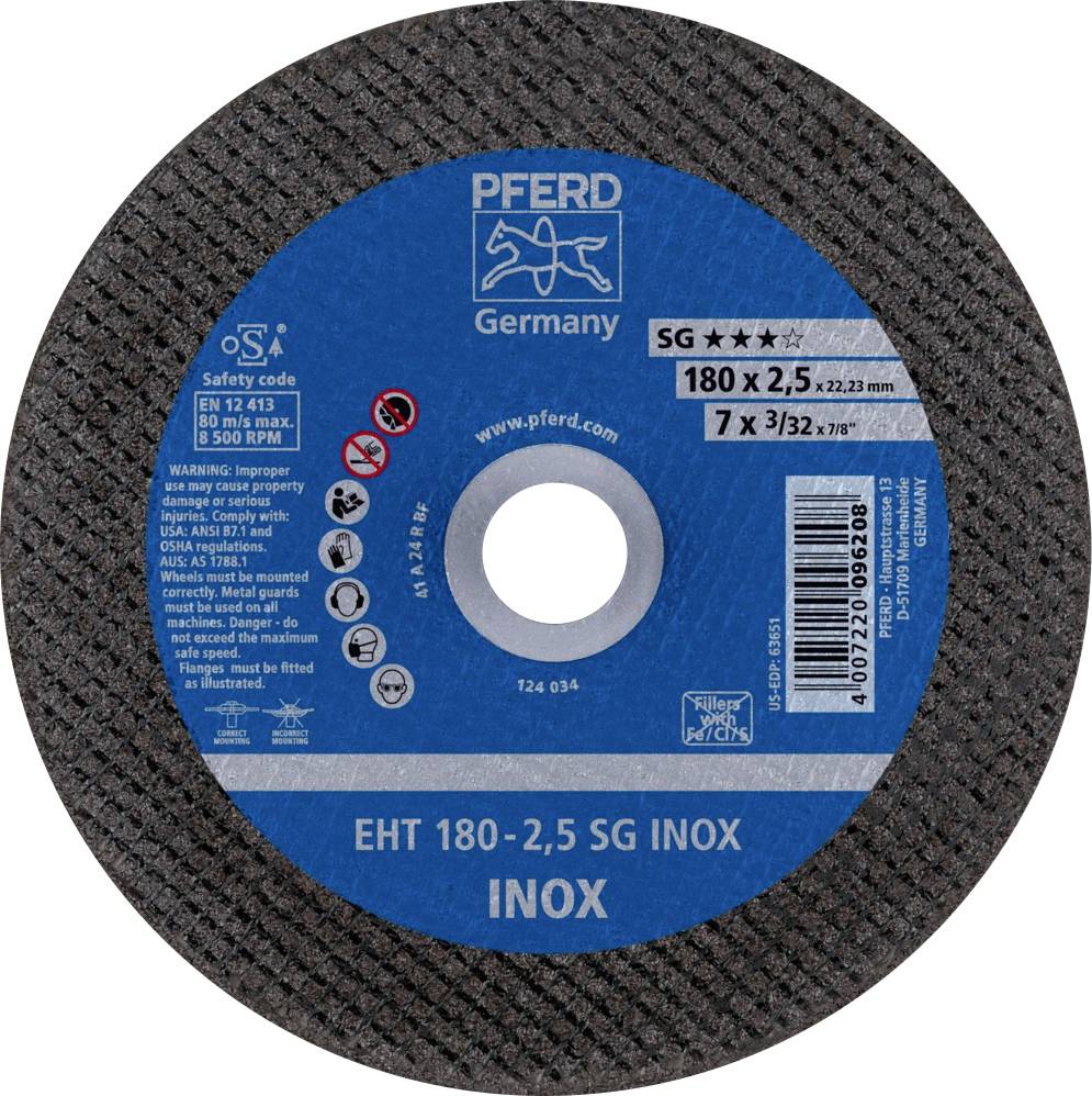 PFERD Germany grinding disc with blue centre. Inscription: 'EHT 180-2.5 SG INOX' for stainless steel. Safety and warning instructions visible.