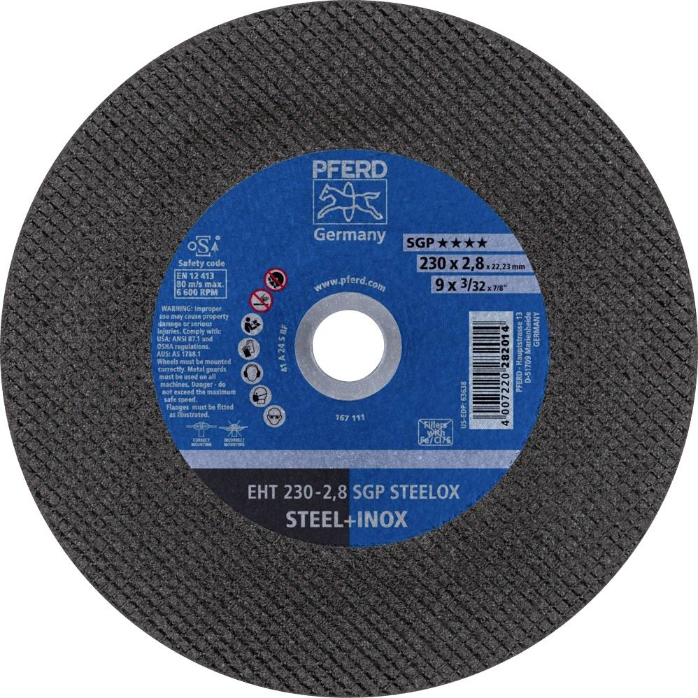 'PFERD Germany' cutting disc, blue label with product information: SGP, 230x2.8 mm, suitable for steel and stainless steel.