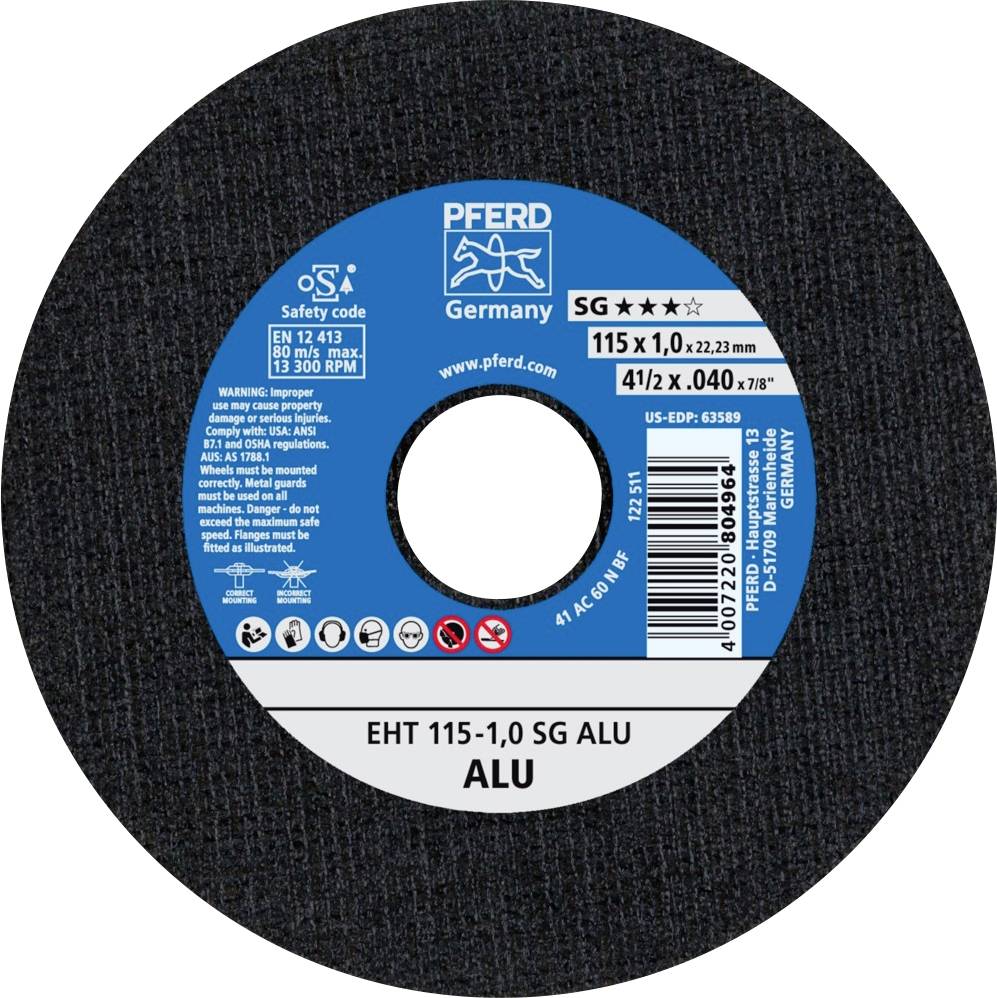 Black grinding disc with blue label, 'PFERD' logo, specifications: 115 x 1.0 x 22.23 mm, EHT 115-1.0 SG ALU, suitable for aluminium.
