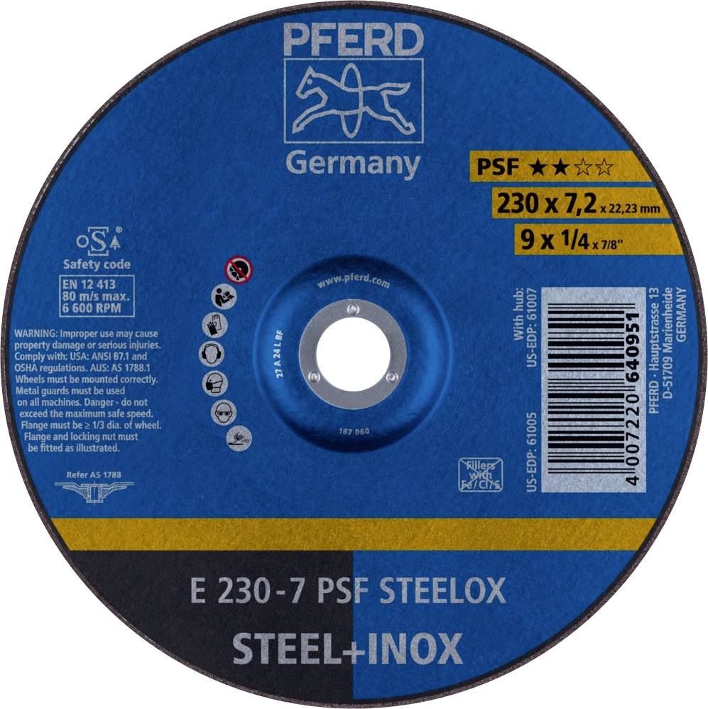 Grinding disc by Pferd, Model E 230-7 PSF STEELOX, suitable for steel and stainless steel, dimensions 230 x 7.2 x 22.23 mm, 6600 rpm.