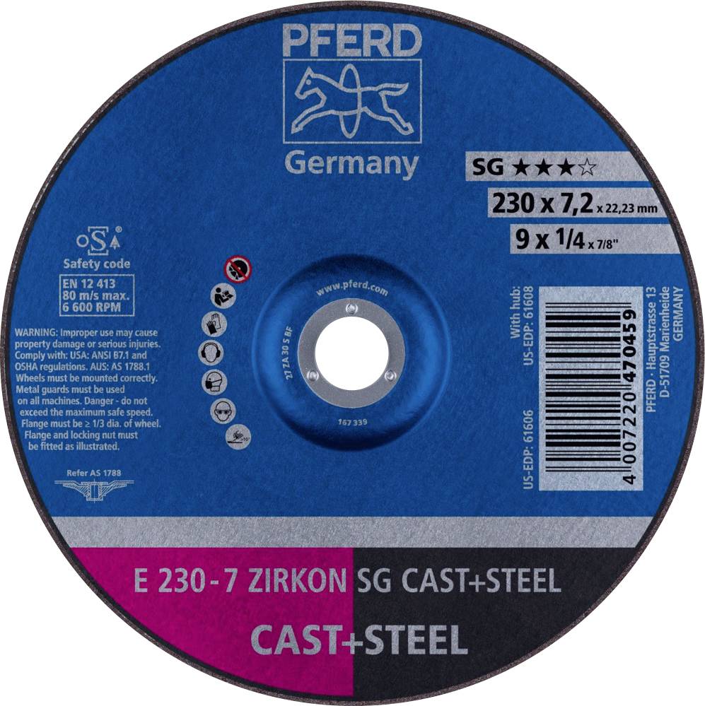 PFERD Germany grinding wheel, Model SG, 230 mm diameter, for cast iron and steel. Suitability: 80 m/s, maximum rotational speed: 6,600 rpm.