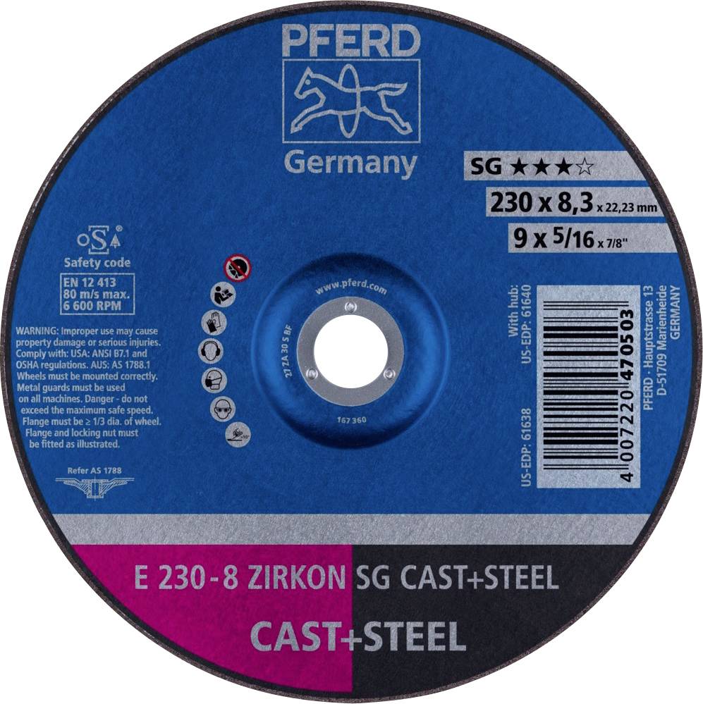 PFERD 62223837 E 230-8 ZIRKON SG CAST+STEEL Grinding disc (off-set) Diameter 230 mm Bore diameter 22.23 mm Grey iron / nodular
