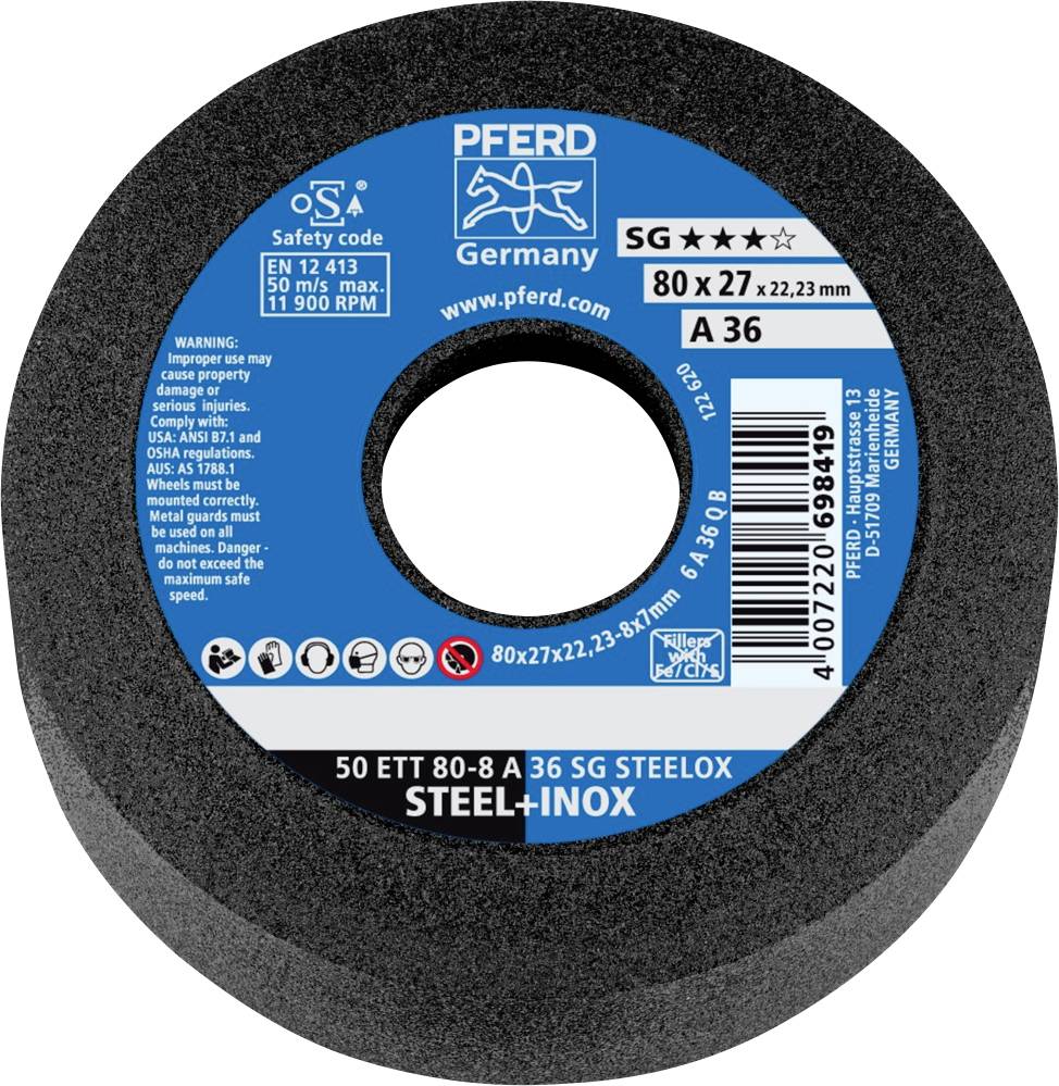 PFERD grinding disc, for steel and stainless steel, 80x27 mm, A36 grit, max. 11,900 rpm. Contains safety and product information.