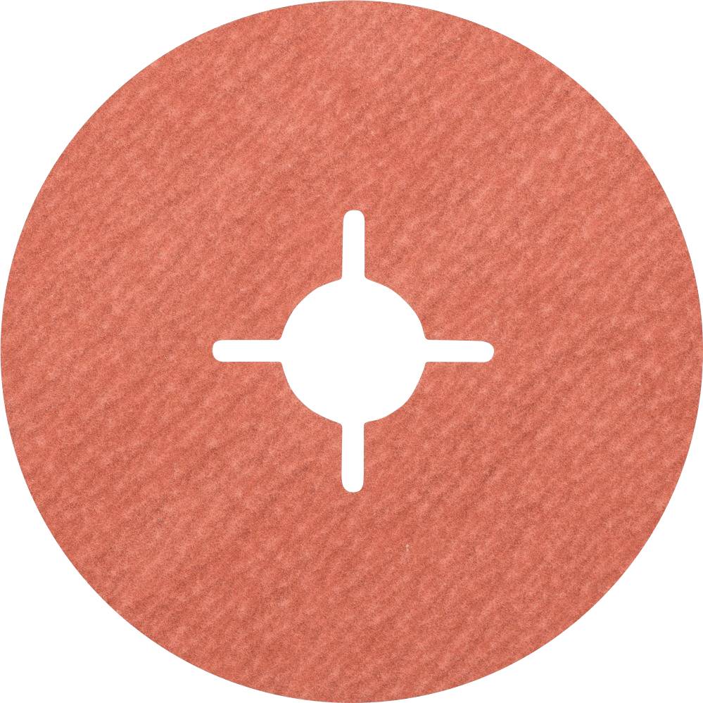 Round red sanding disc with a central hole and four cuts, suitable for grinding machines used for smoothing surfaces.