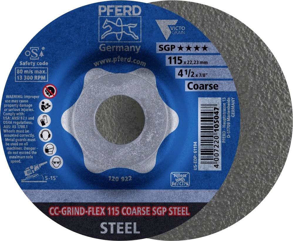PFERD grinding disc for steel. Model SGP, 115 mm diameter. Marked with safety information and application guidance.