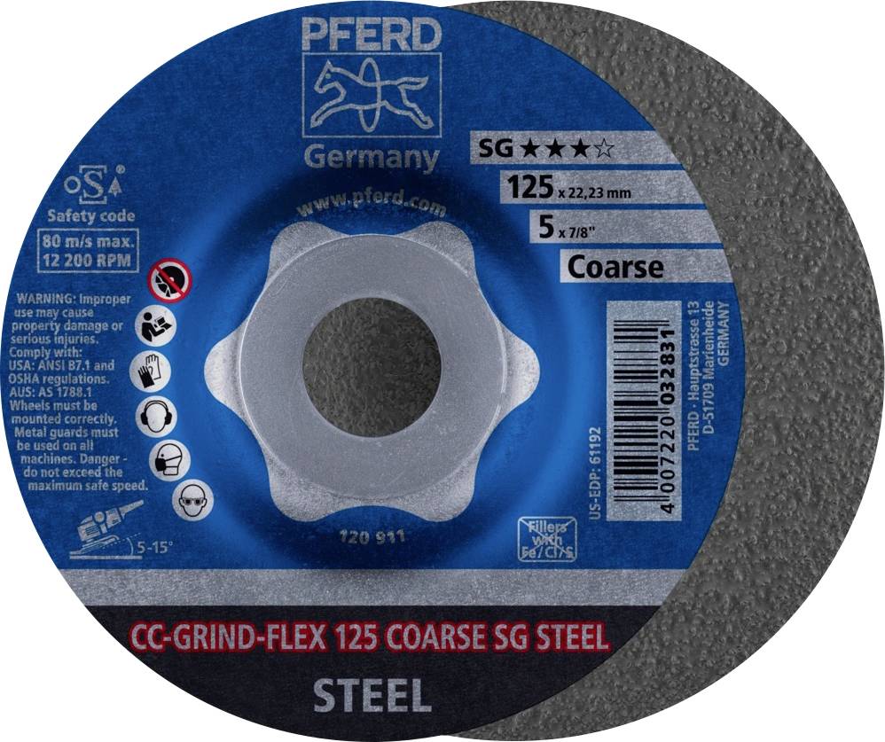 Image of a grinding wheel by 'PFERD Germany', model SG Coarse, suitable for steel, with warning notices and technical specifications.