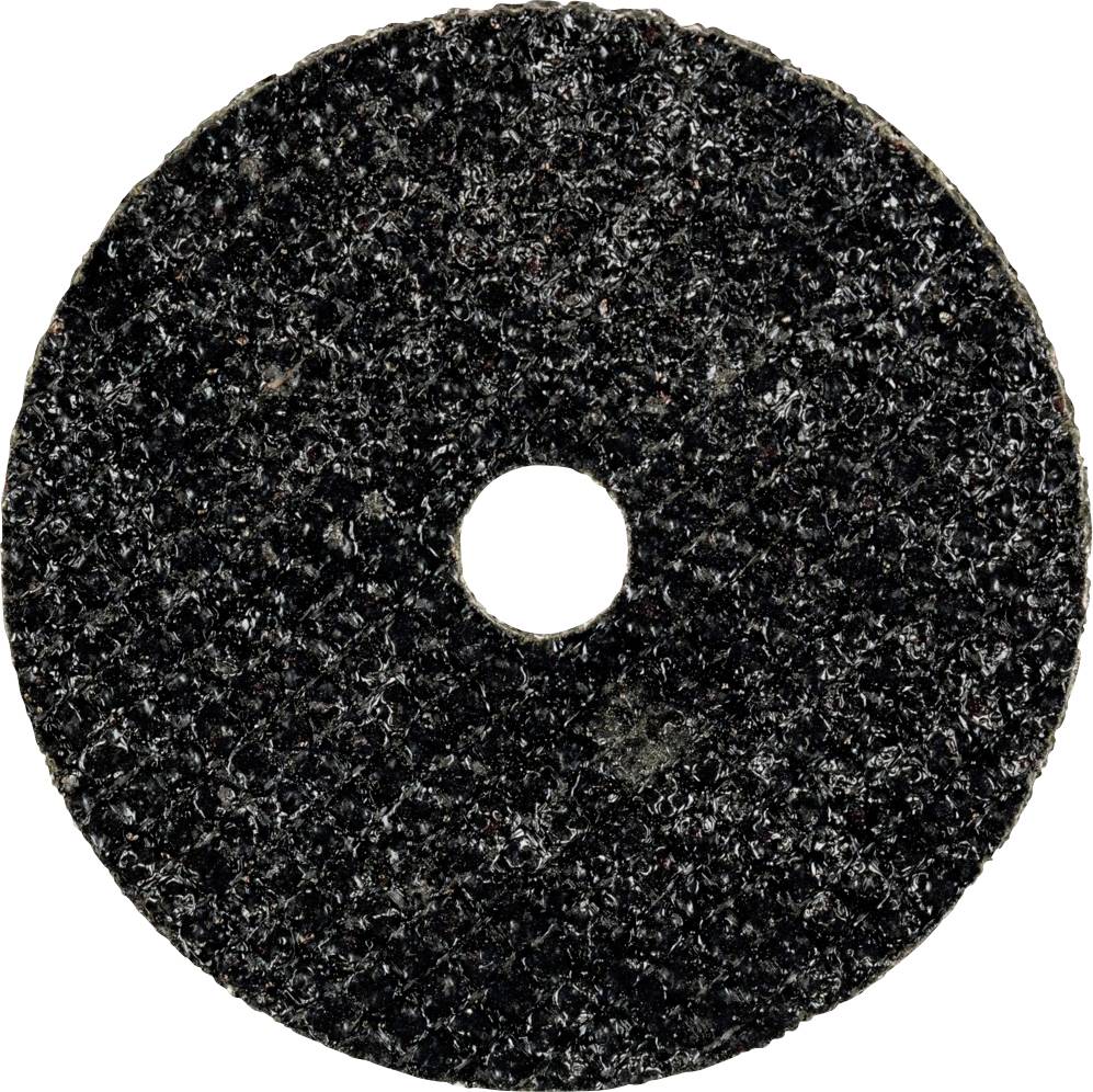 A round, black grinding disc with a granular surface and a hole in the centre. It is used for grinding materials.