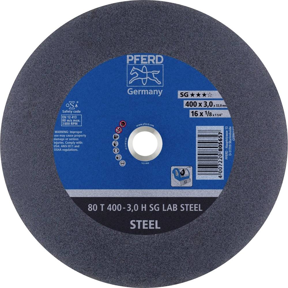 PFERD grinding wheel, suitable for steel processing, 400 x 3.0 mm, with blue centre and safety code markings.