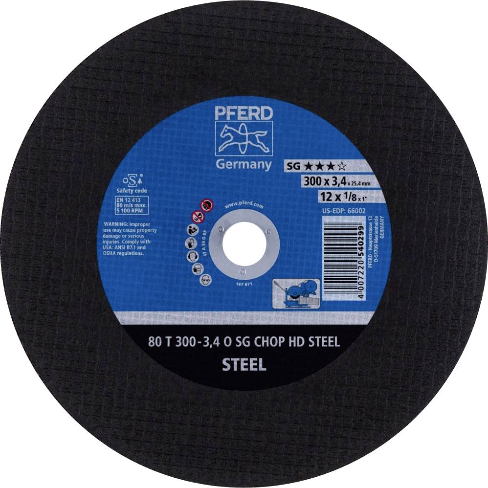 Black-blue cutting disc with inscription 'PFERD Germany', dimensions 300x3.4 mm, steel processing, safety and product information.