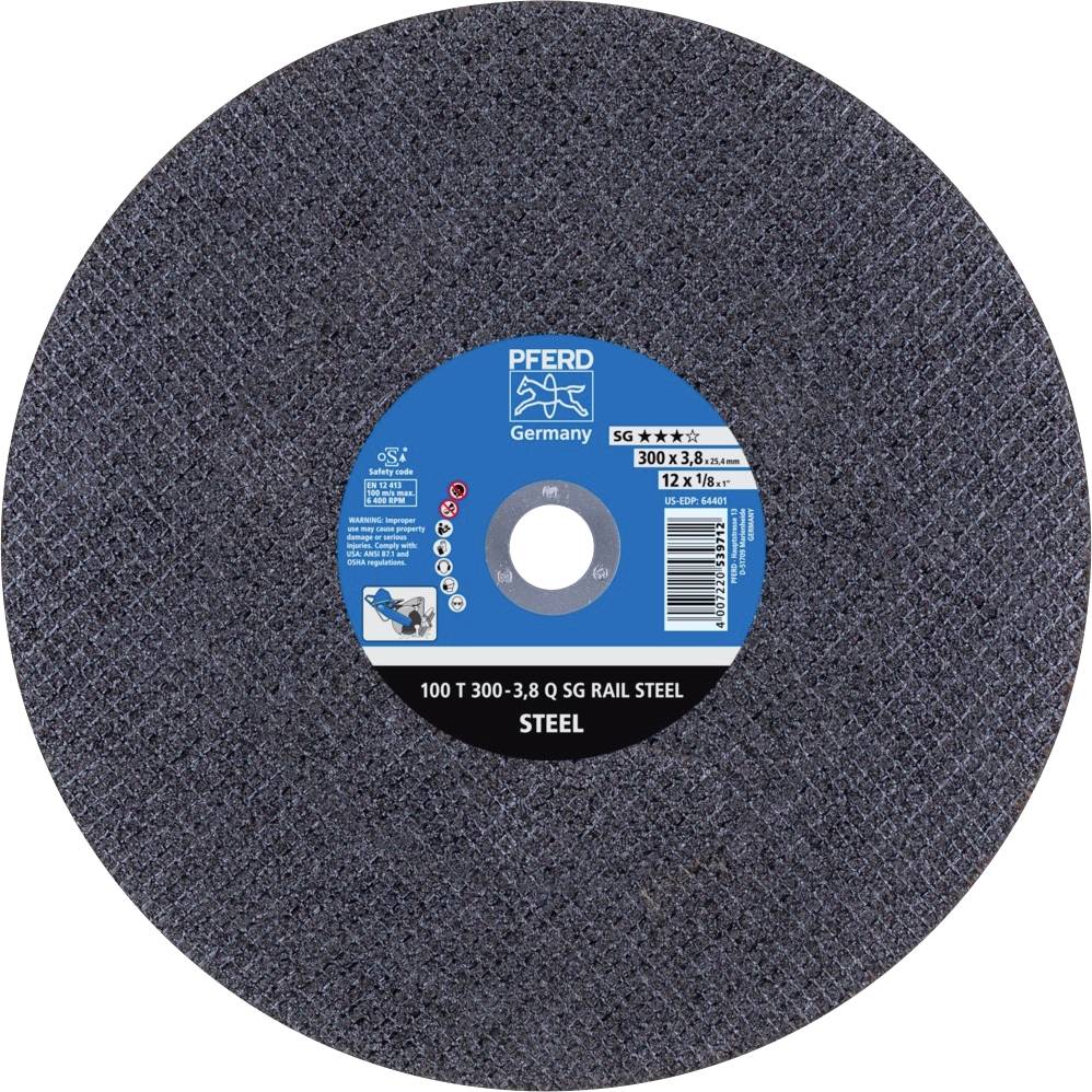 A round grinding disc by PFERD with the inscription '100 T 300-3.8 Q SG Rail Steel'. On the label, 'Steel' is written with technical details.