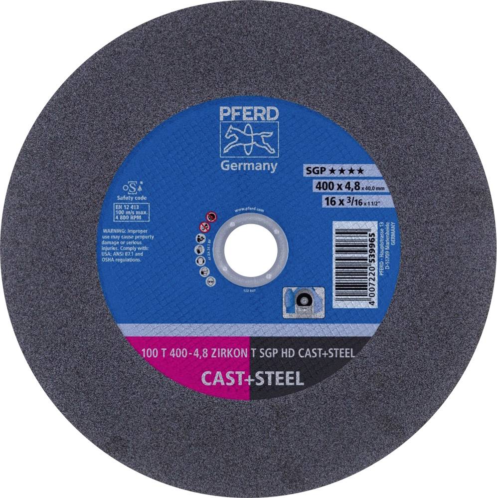 Grinding disc with the inscription 'PFERD Germany', suitable for steel. Specifications: 400 x 4.8 mm, Zircon, Type SGP.