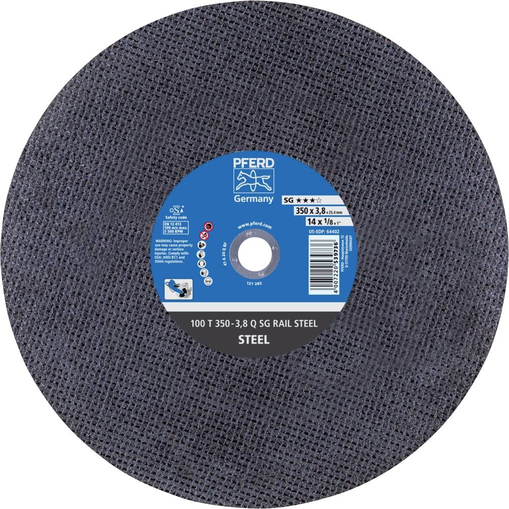 A round grinding disc by 'Pferd Germany', Model 100 T 350-3.8 Q SG RAIL STEEL, for rail steel machining.