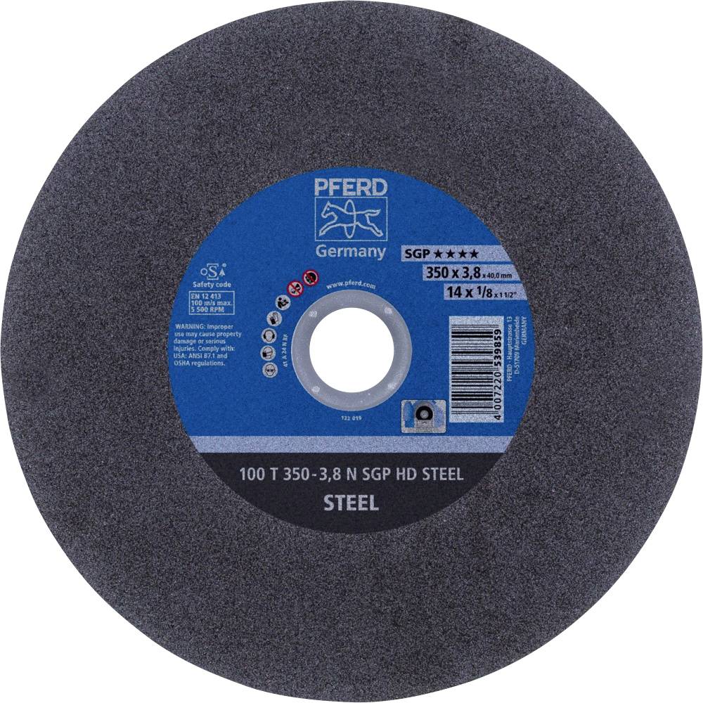 A grinding wheel with a blue label and product information: 'PFERD Germany', 'SGP', 'STEEL', size 350 x 3.8 mm. For cutting metal.