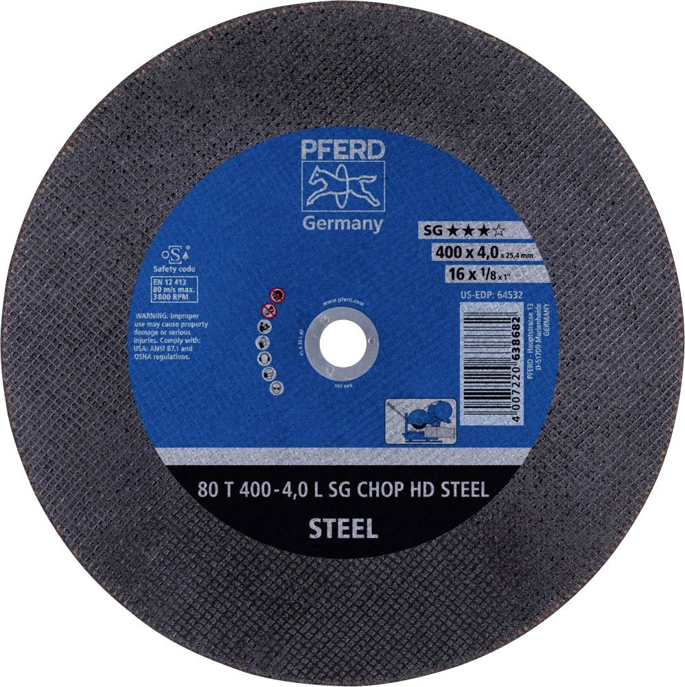 Grinding disc with blue centre, brand name 'Pferd' and inscription 'SG CHOP HD STEEL', dimensions 400 x 4.0 mm, for metalworking.
