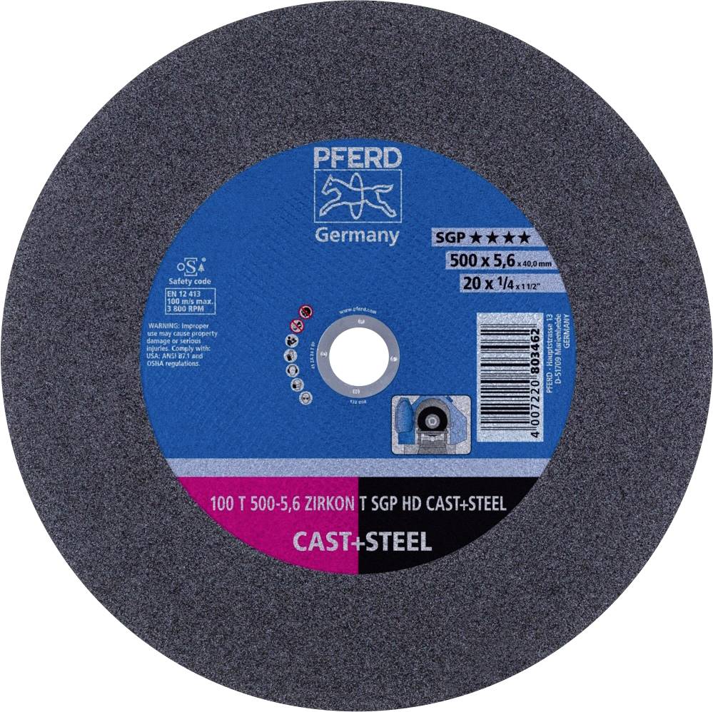 Blue-labelled grinding wheel, text: 'Horse Germany', 'SGP', for use on cast iron and steel. Dimensions: 500 x 5.6 mm.