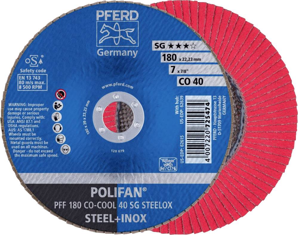 Grinding Disc 'PFERD POLIFAN' for Steel and Stainless Steel. Specifications: 180 mm diameter, Grit 40, Maximum RPM 8,500.