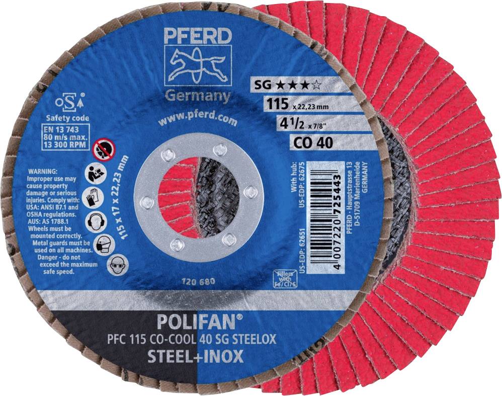 'PFERD Polifan PFC 115 Co-Cool 40 SG SteeLox' grinding disc, 115 mm diameter, suitable for steel and stainless steel, red and grey.