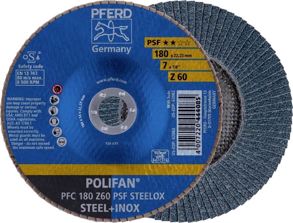 'PFERD POLIFAN Grinding Disc', suitable for steel and stainless steel, Grit Z60, 180 mm diameter, Safety and Application Information.