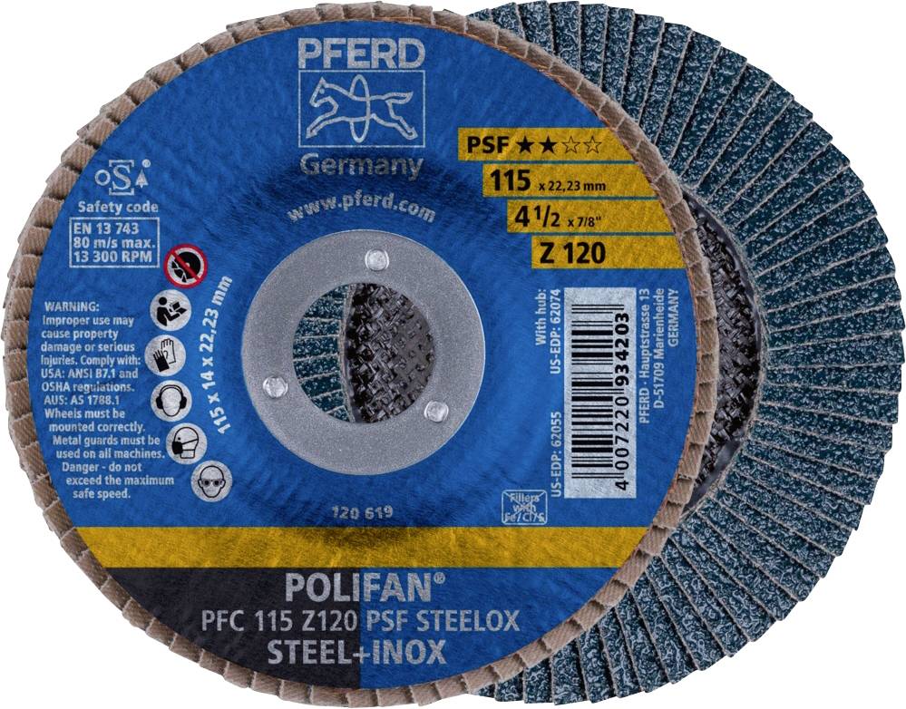 PFERD Polifan grinding disc, diameter 115 mm, for steel/stainless steel, max. 13,300 rpm. Warning: Wear safety glasses and gloves.