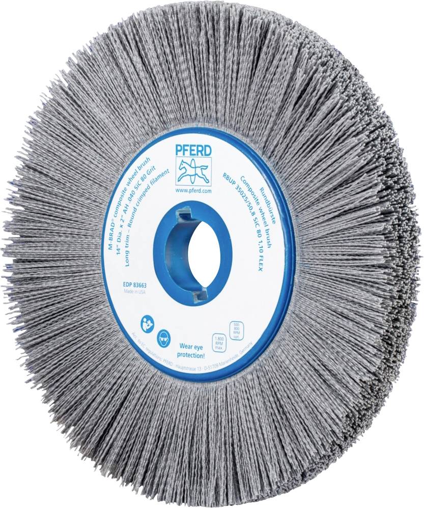 Round brush with plastic bristles and blue core, brand name on the label in the centre. Used for surface cleaning.