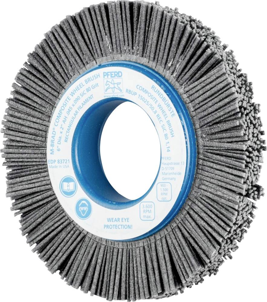 Round brush with blue bristles, white centre with manufacturer details and warnings about eye protection usage.