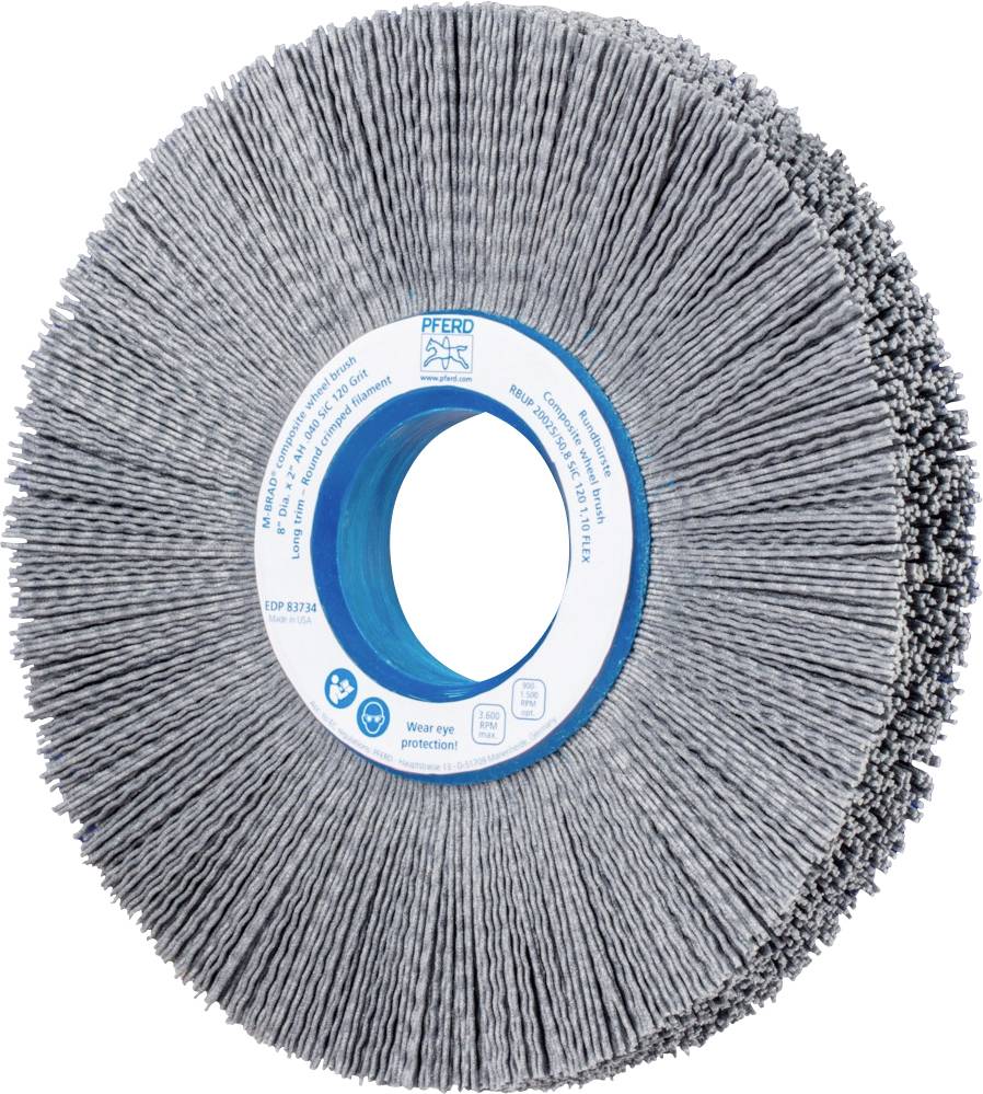 Round grinding disc with dense bristles, a blue ring in the centre with inscription and logo. Used for metalworking and surface finishing.