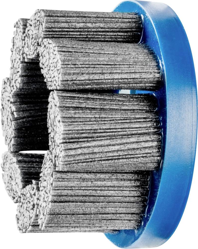 Close-up of a round brush with blue plastic frame and tightly packed, fine metal bristle bundles.