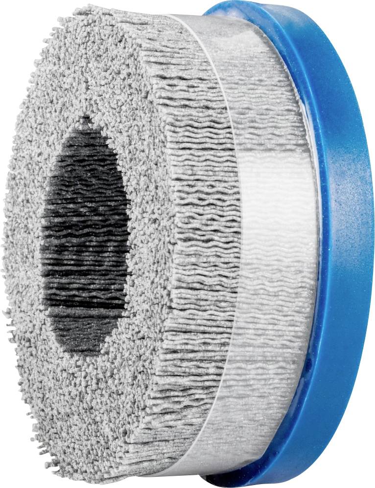 A round brush with dense, grey bristles and a blue plastic rim, photographed from the side.