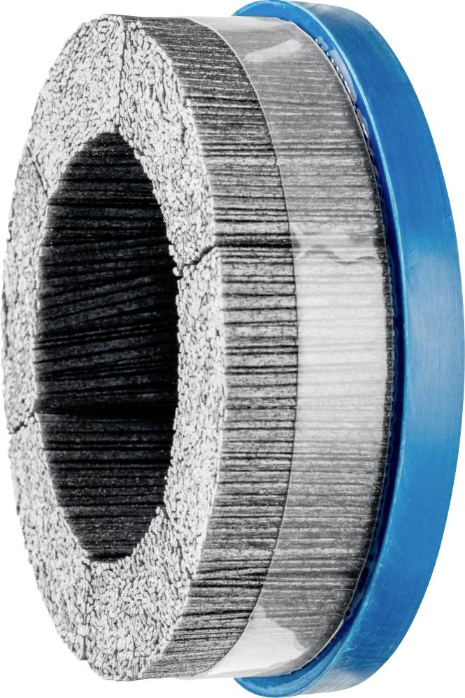 A blue-rimmed, cylindrical abrasive tool with multiple layers of fine bristles. Suitable for polishing or grinding.