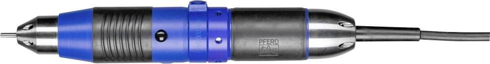 A blue and black electric screwdriver is lying horizontally. Cable is visible, chuck at the left end.