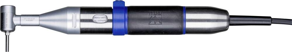 An electric hand drill with a blue ring and side lever. Used for precision work in dental technology or microsurgery.