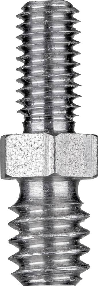 Metal screw with two different threads, finer thread at the top, coarser thread at the bottom, with a central hexagonal section for tool engagement.