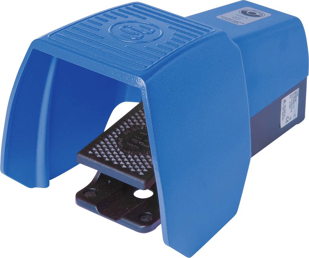 A blue foot switch used for controlling machinery, with a padded foot area and non-slip surface.