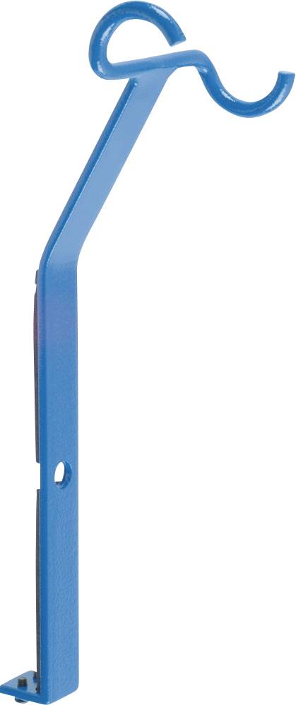 A blue metal tool with a hook at the end, likely designed for lifting or holding.