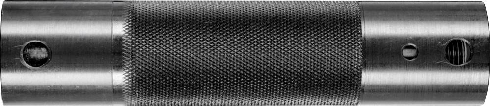 Cylindrical metal handle with a knurled surface for improved grip, two lateral openings at the ends, for industrial use.